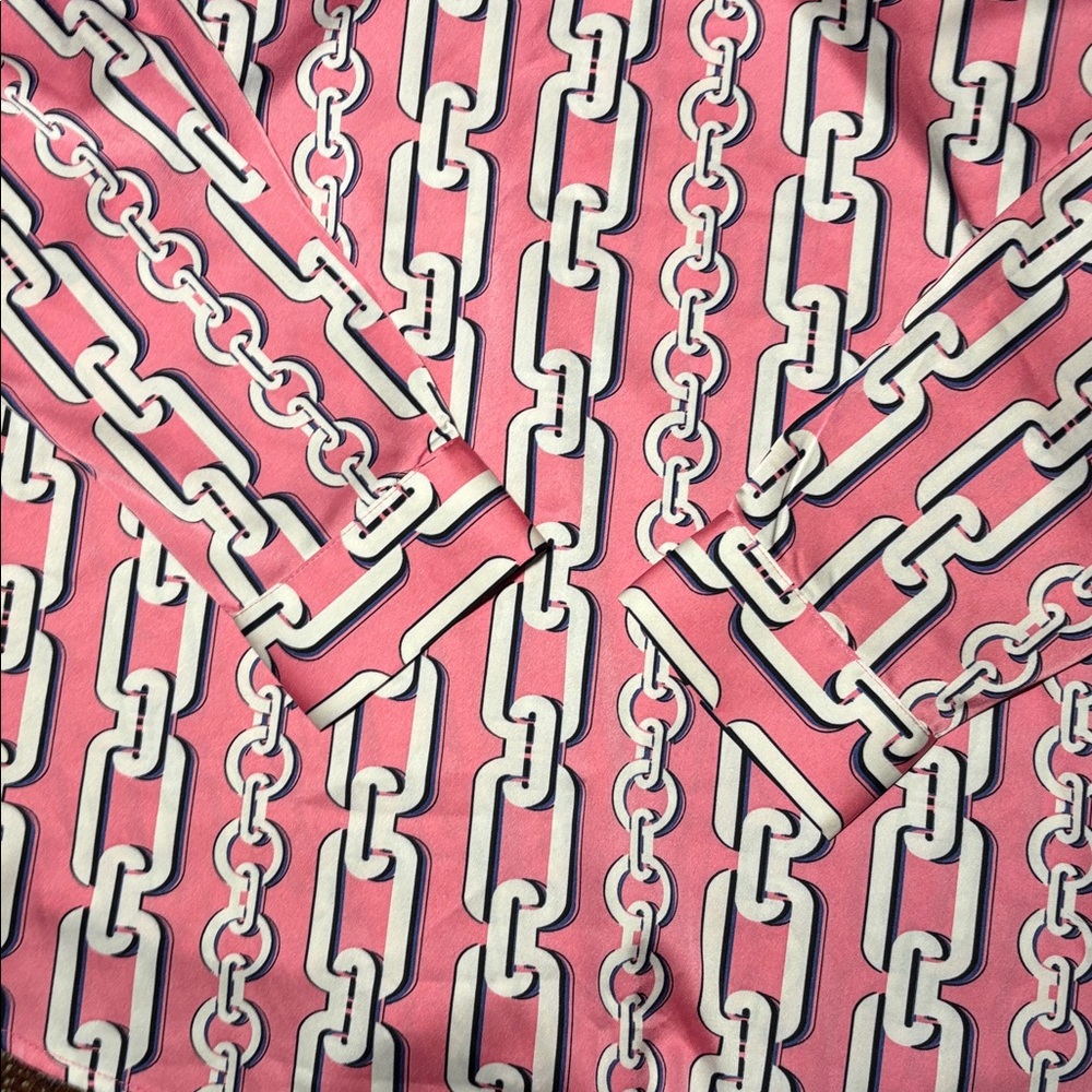 Maison d’ Amélie button down blouse pink Cuban chain link silky v veck - Picture 12 of 15